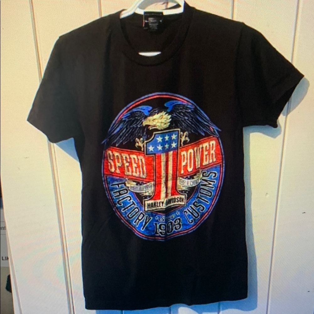 Harley-Davidson Black Tee with Red and Blue Graphics